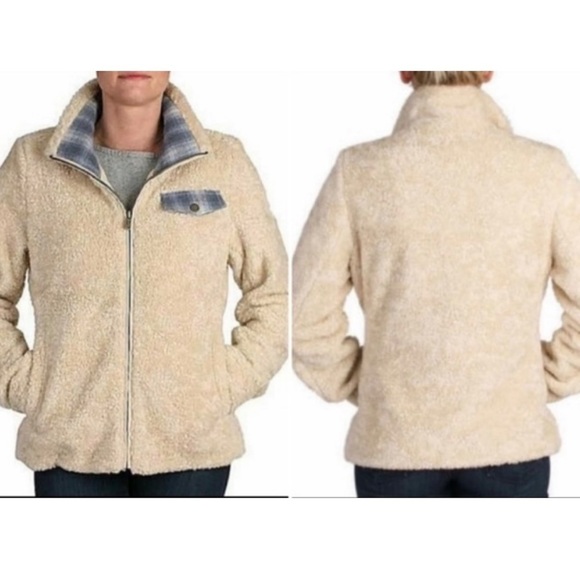 Pendleton Sherpa Cream Zip Jacket Blue Plaid Accents XL Gorpcore cozy - Picture 1 of 15